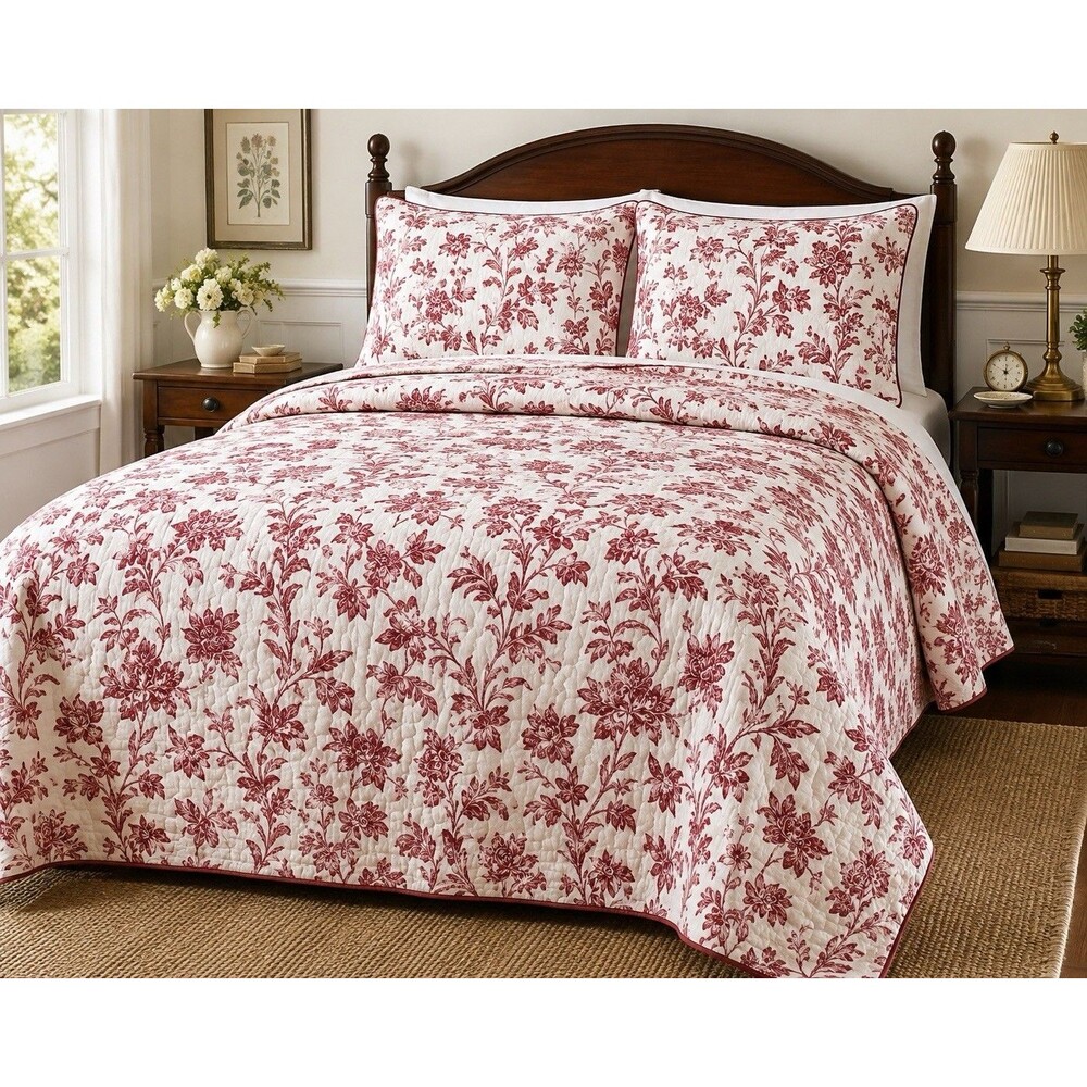 Laura Ashley Ashington Full Queen Quilt Set, 3 Piece Red Floral Cotton Prewashed - Picture 1 of 14